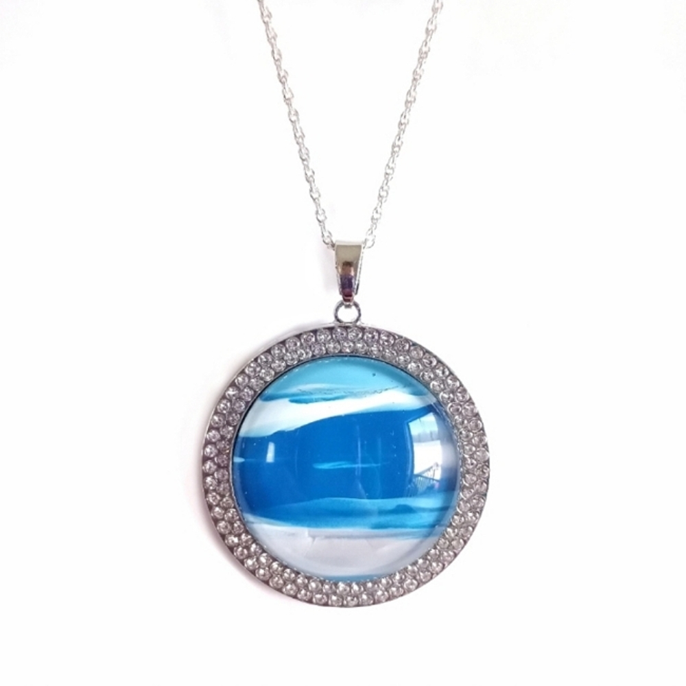 Sterling silver necklace with blue acrylic paint pour crystal pave pendant NEW